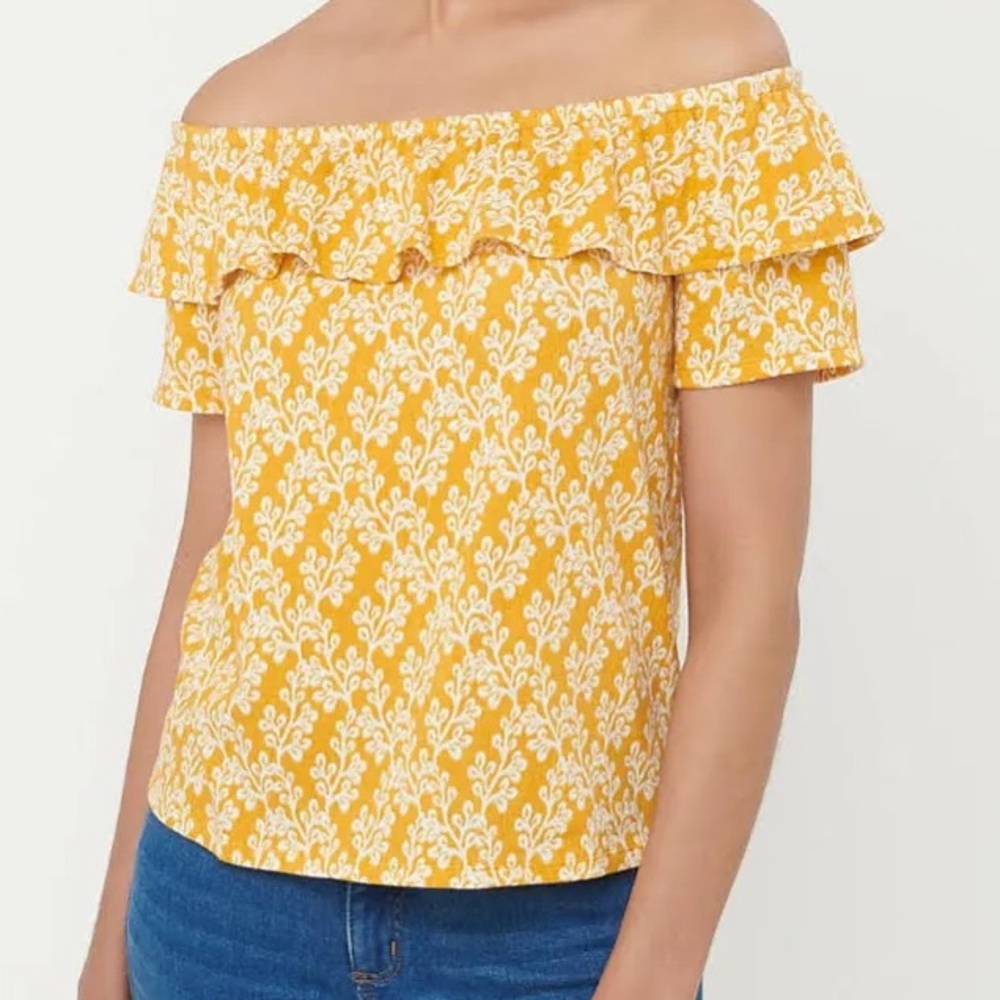 LOFT Yellow Floral Pattern Ruffle Top Off Shoulder